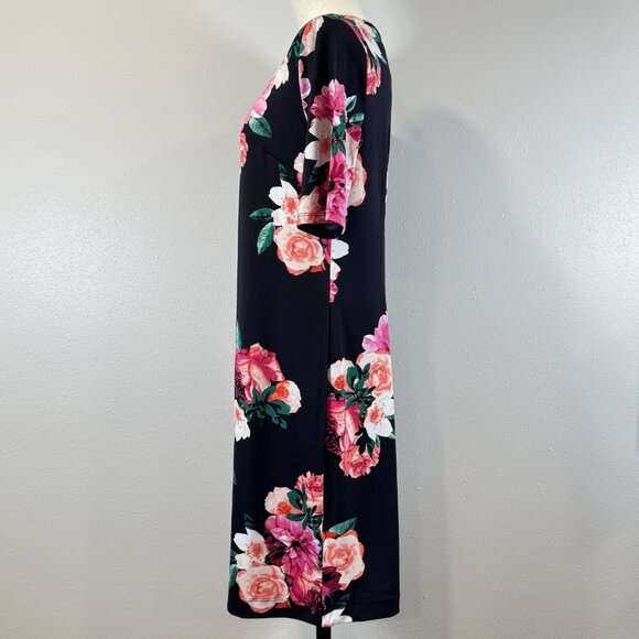 Roz & Ali Womens Black Floral Half Sleeve Dress Boat Neck Knee Length Size M - Picture 4 of 15